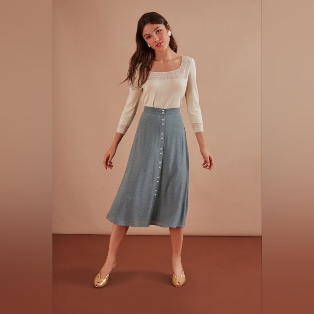 Chic Blue Midi Skirt with Button Detail